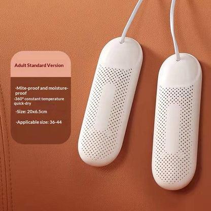 Two white shoe dryer devices on a brown background with product details.