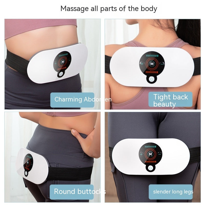 Massage belt being used on different parts of the body with text labels.