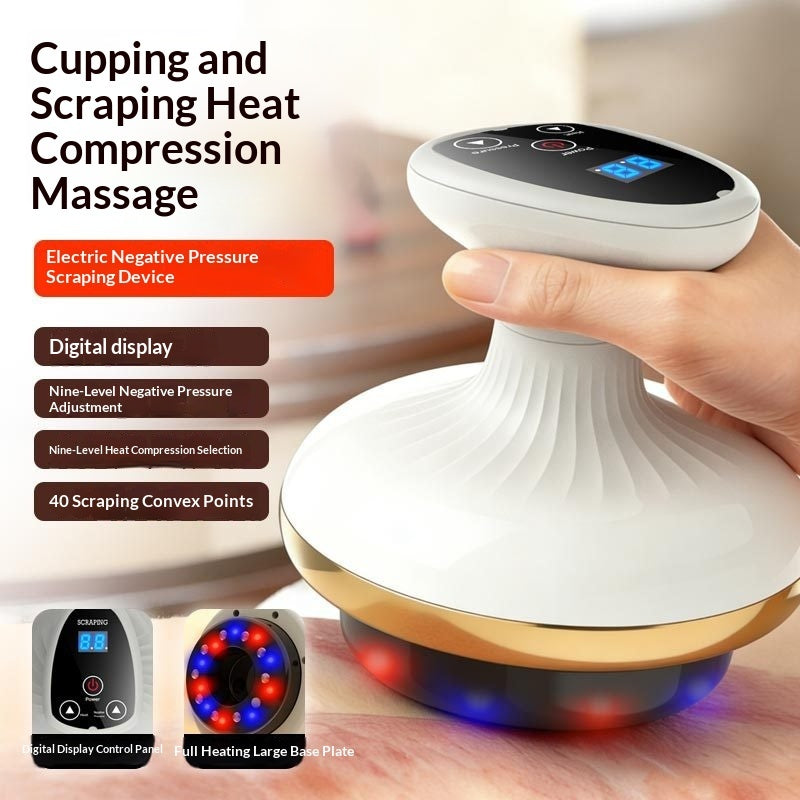 Massage device with digital display held by a hand, labeled for cupping and scraping heat compression massage.