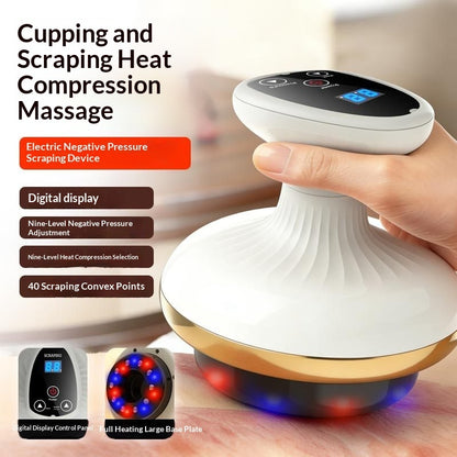 Massage device with digital display held by a hand, labeled for cupping and scraping heat compression massage.