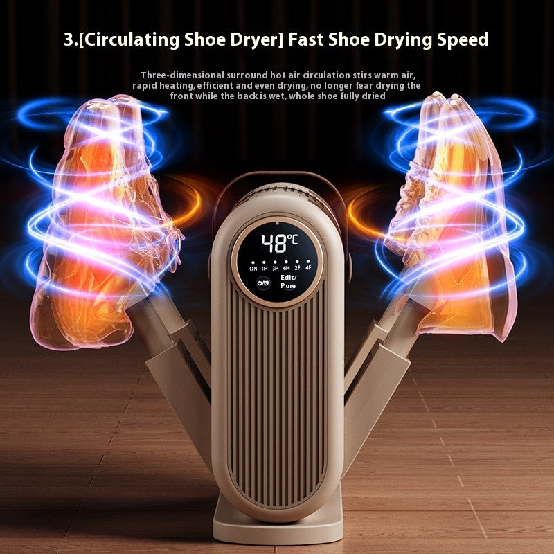 Circulating shoe dryer with digital display on a wooden floor