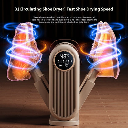 Circulating shoe dryer with digital display on a wooden floor