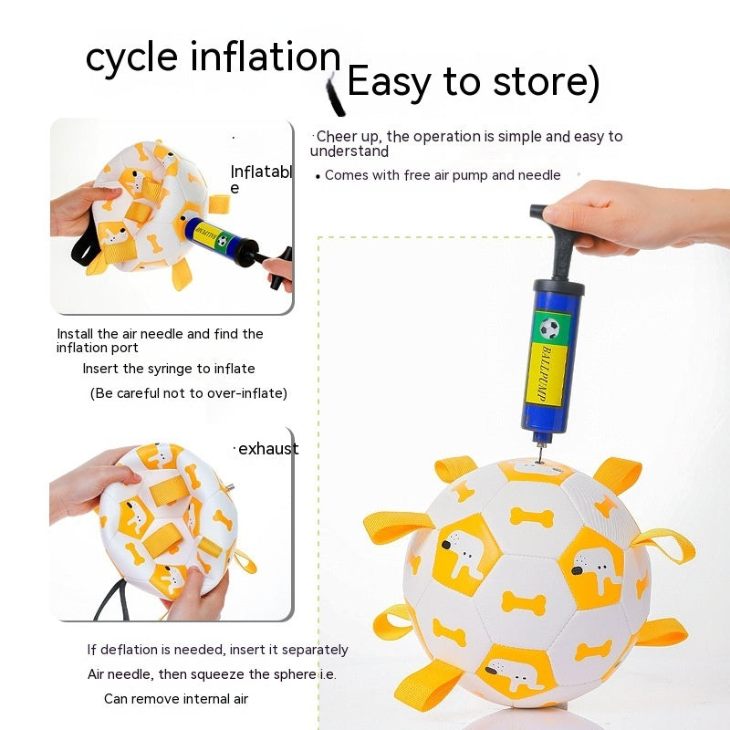 Inflatable ball with dog pattern being inflated using a pump, with text instructions on how to use it.
