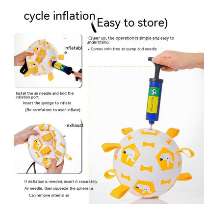Inflatable ball with dog pattern being inflated using a pump, with text instructions on how to use it.