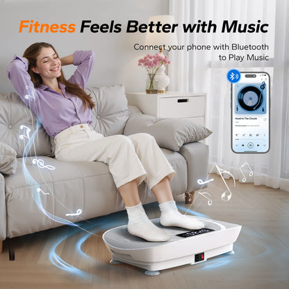 Woman using a vibration plate with music playing on a smartphone, in a home setting.