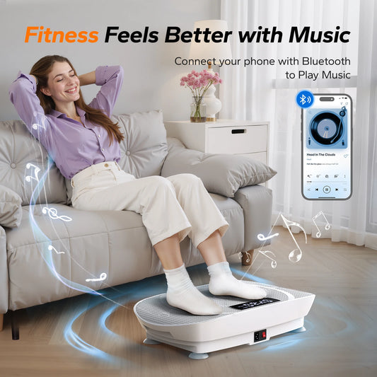 Woman using a vibration plate with music playing on a smartphone, in a home setting.