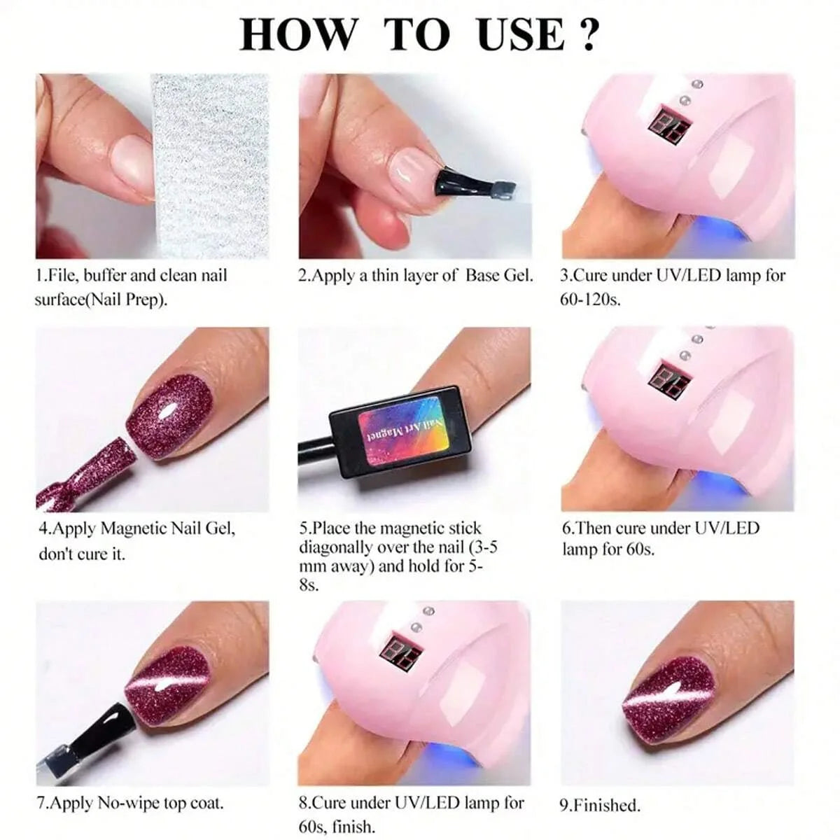 Step-by-step guide on how to use magnetic nail gel with images and text.