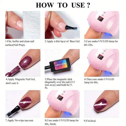 Step-by-step guide on how to use magnetic nail gel with images and text.