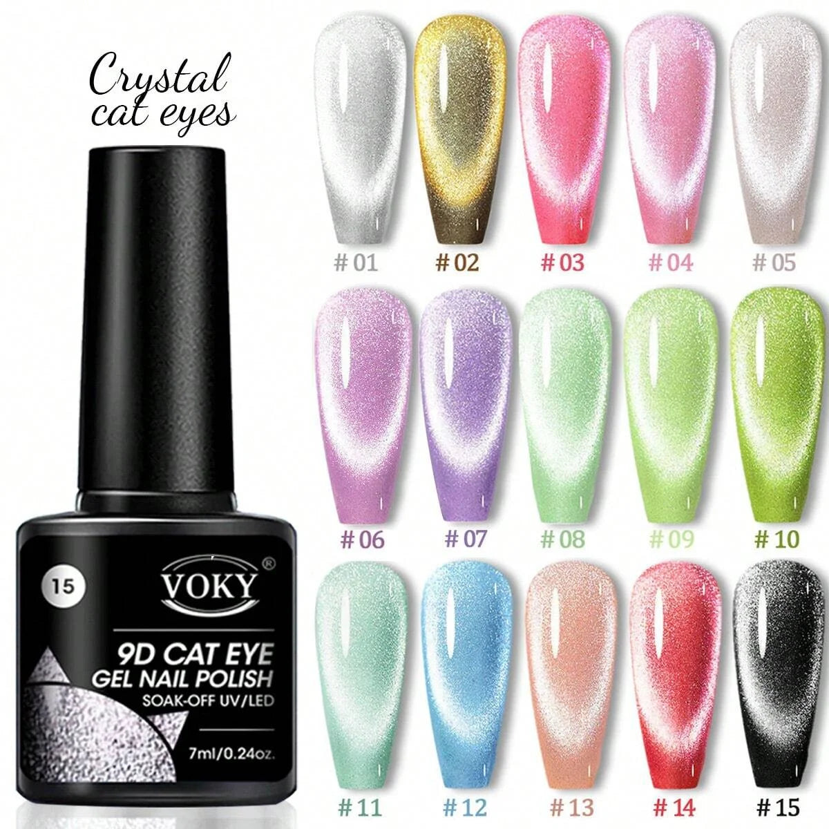 VOKY 9D Cat Eye Gel Nail Polish with color swatches on a white background