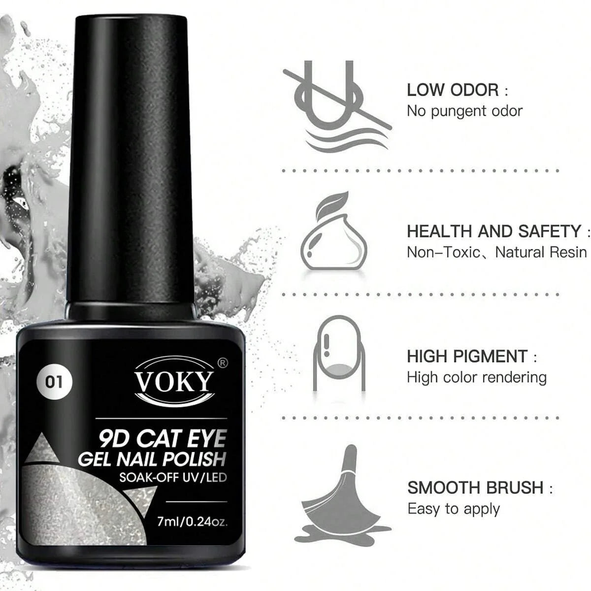 Voky 9D Cat Eye gel nail polish bottle with product features on a white background