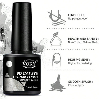 Voky 9D Cat Eye gel nail polish bottle with product features on a white background