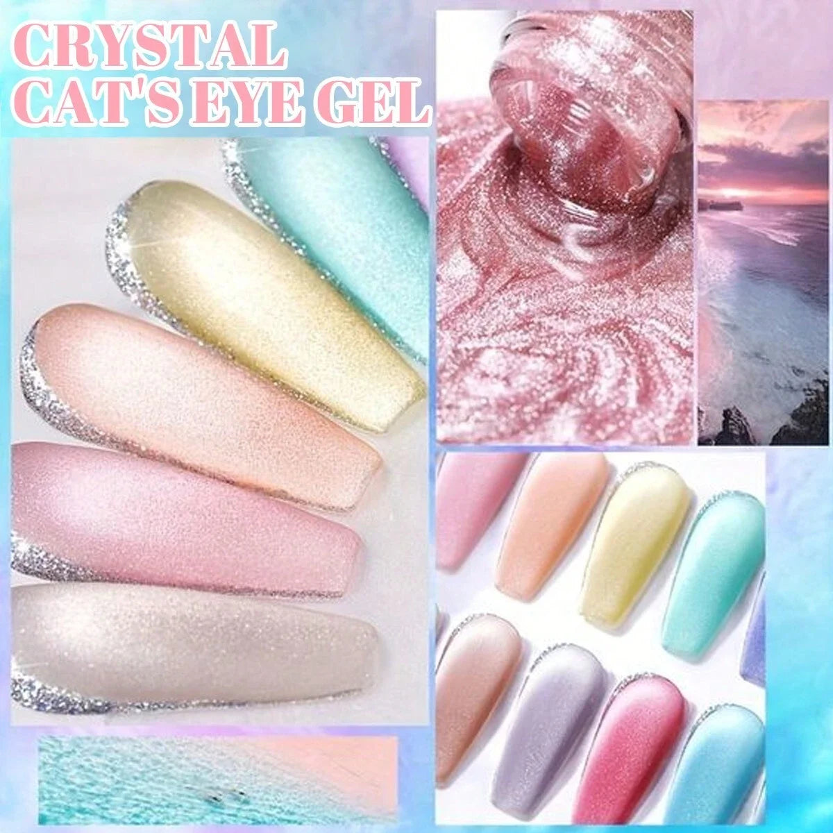 Collage of crystal cat's eye gel with nail samples and close-up of gel texture.