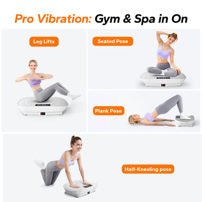 Woman using a vibration plate with various poses on a white background