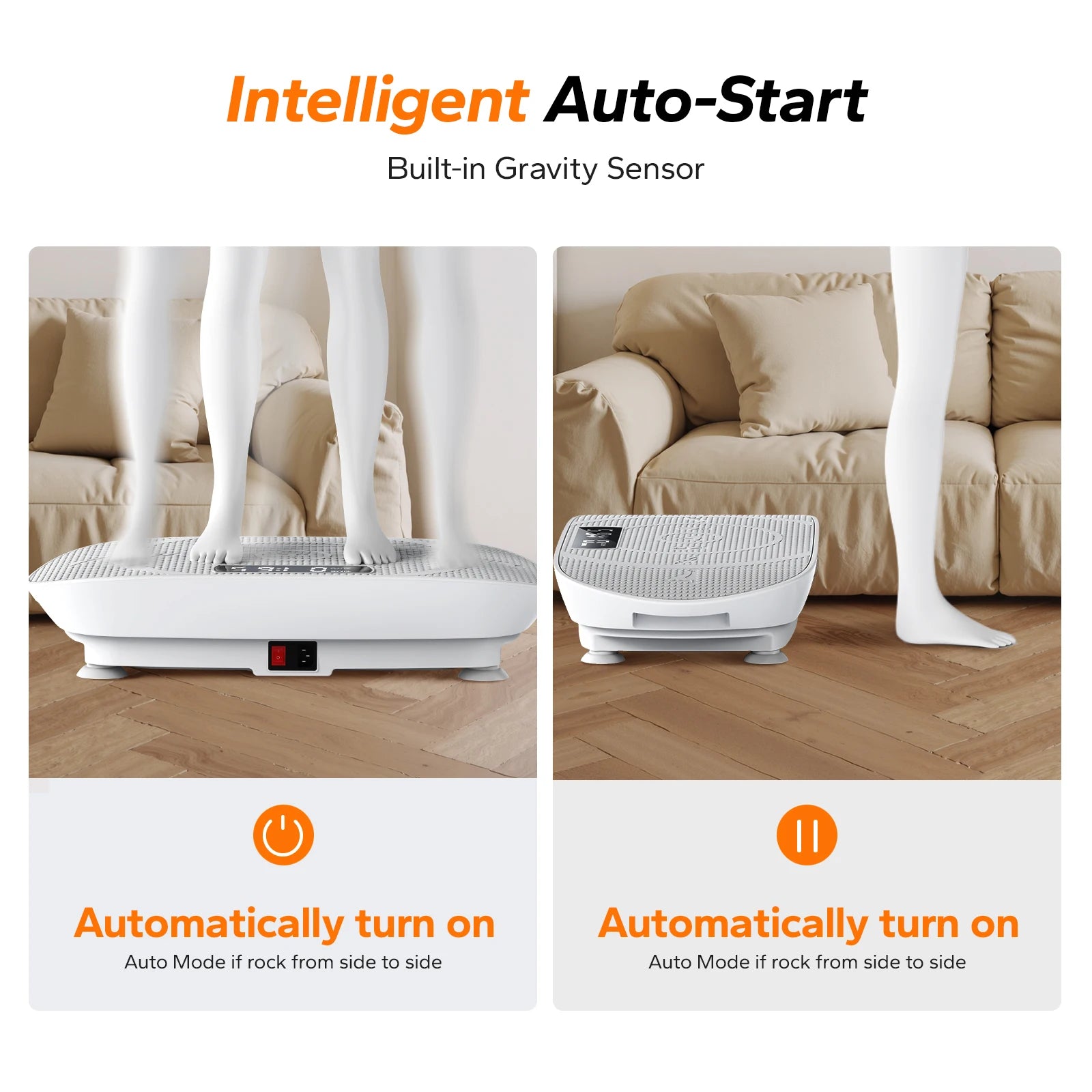 Vibrating platform with Intelligent Auto-Start feature in a living room setting.