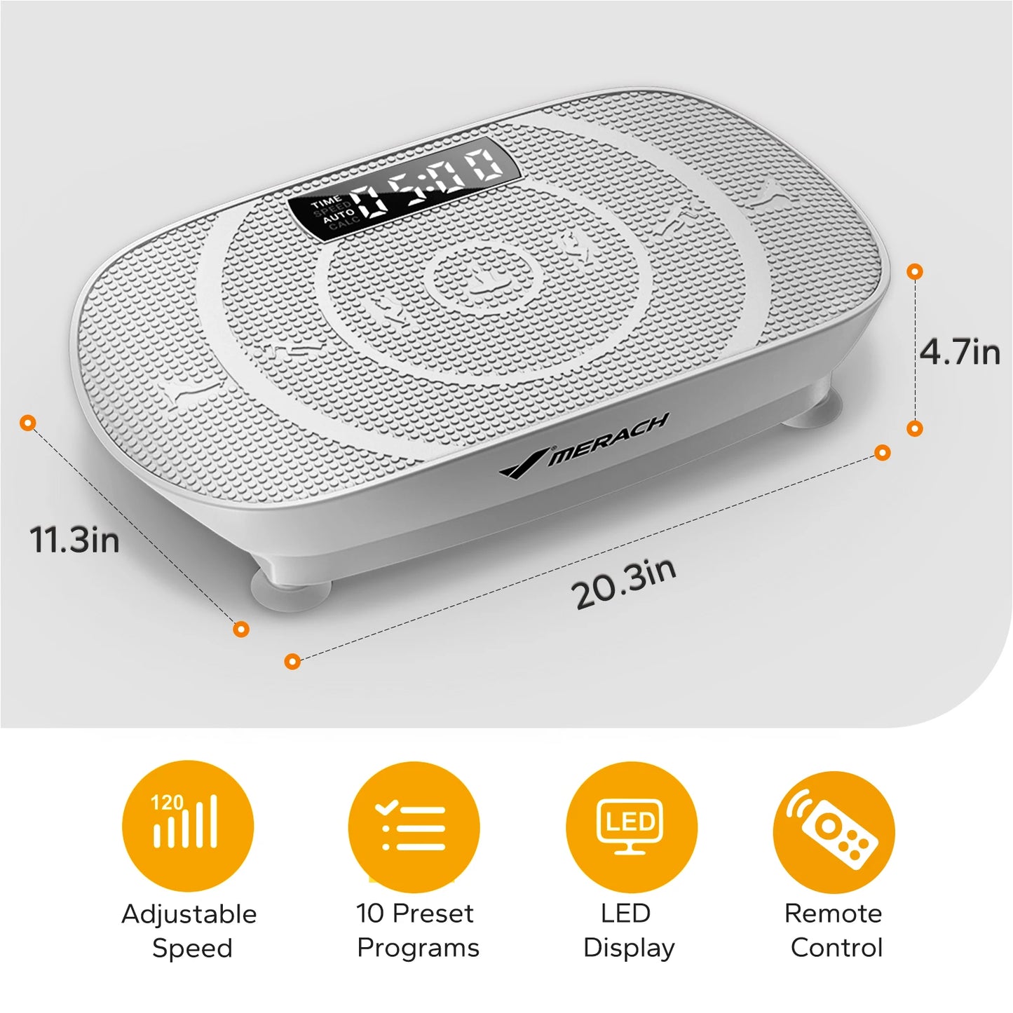 White vibration plate with dimensions and feature icons on a white background