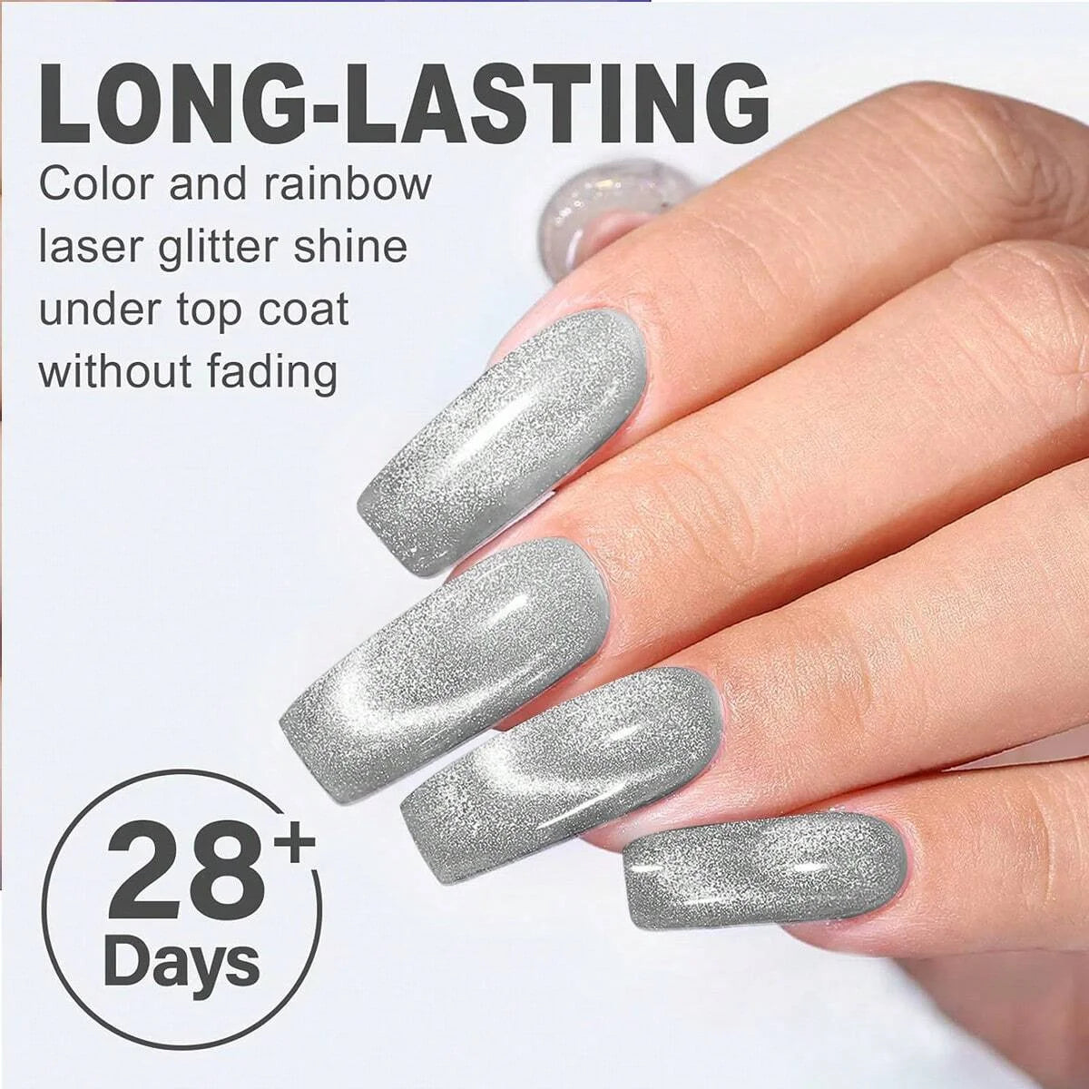 Hand with silver glittery nails and text about long-lasting nail color and top coat