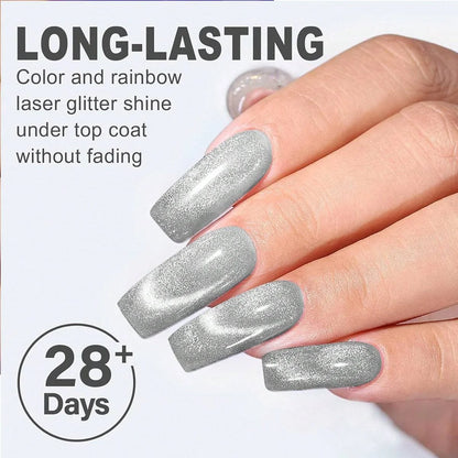 Hand with silver glittery nails and text about long-lasting nail color and top coat