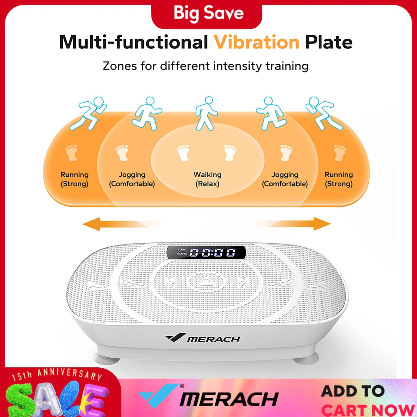 Multi-functional vibration plate with intensity zones and Merach branding on a promotional background.