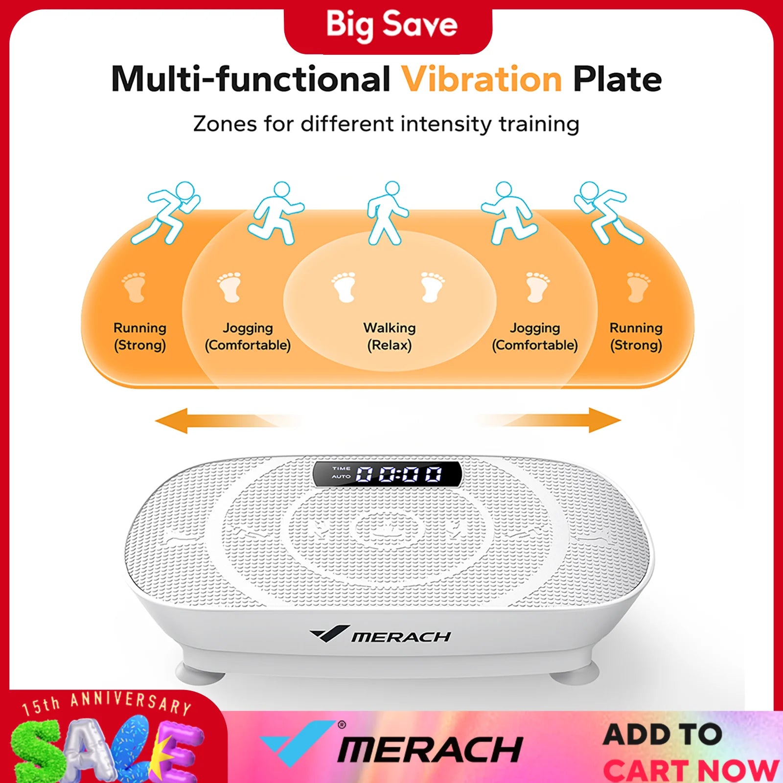 Multi-functional vibration plate with intensity zones and Merach branding on a promotional background.