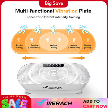 Multi-functional vibration plate with intensity zones and Merach branding on a promotional background.