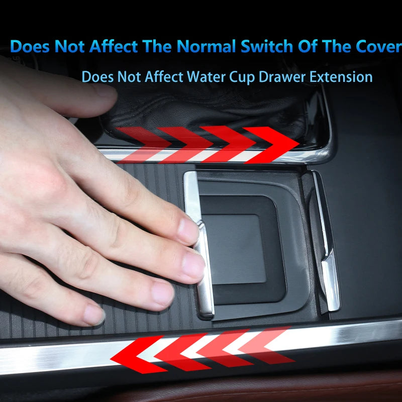 Hand interacting with a car's cup holder extension, with text indicating product features.