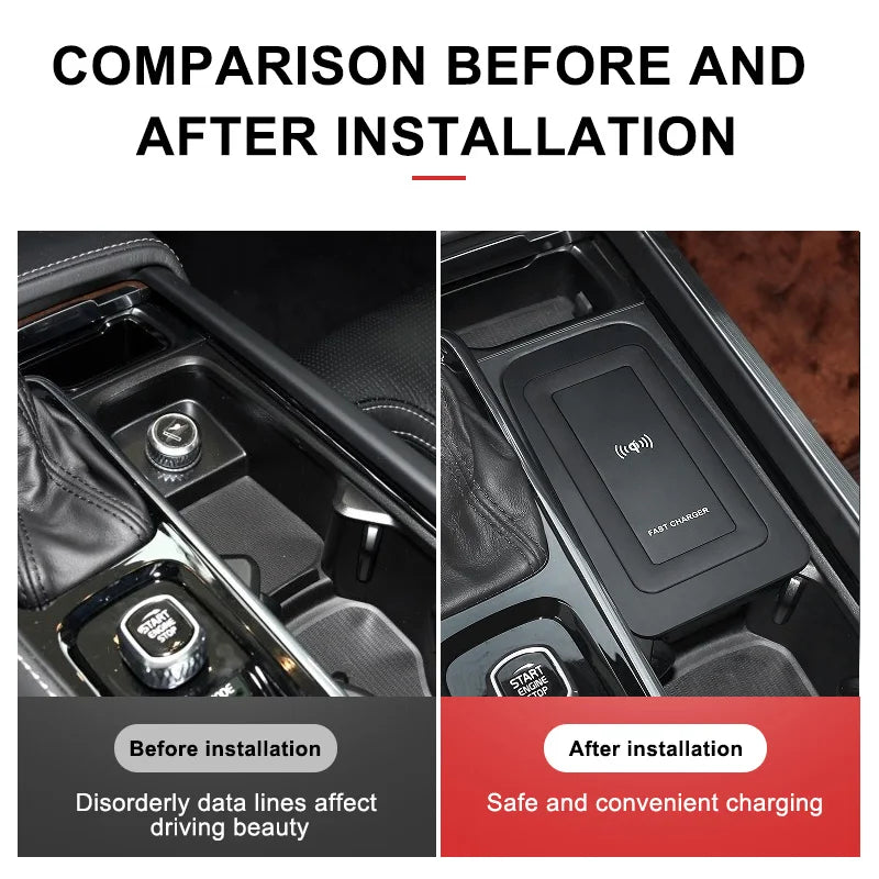 Comparison before and after installation of a car's wireless charging system.