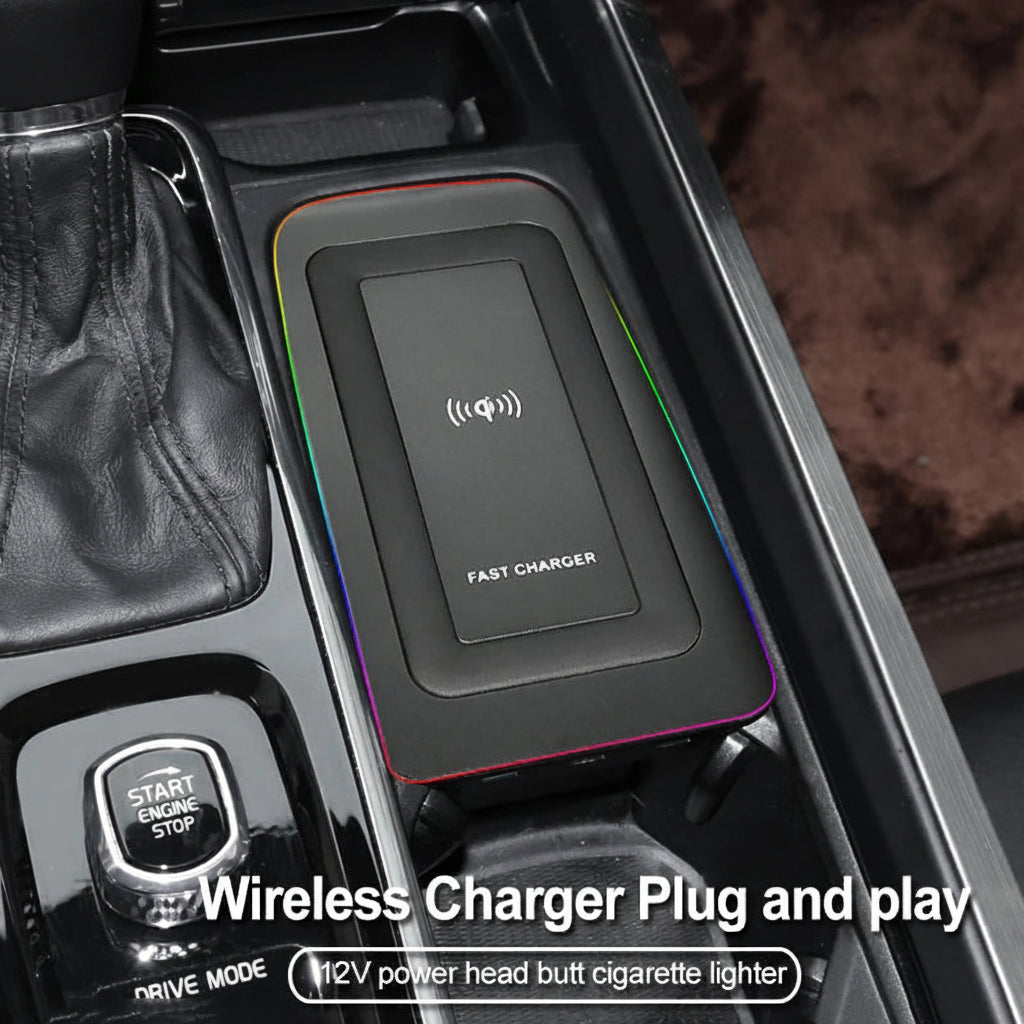 Wireless charger plug and play in a car's dashboard with Lingwyang branding.