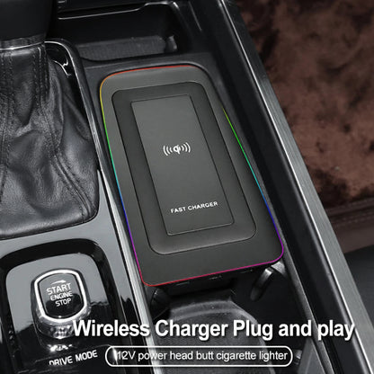 Wireless charger plug and play in a car's dashboard with Lingwyang branding.