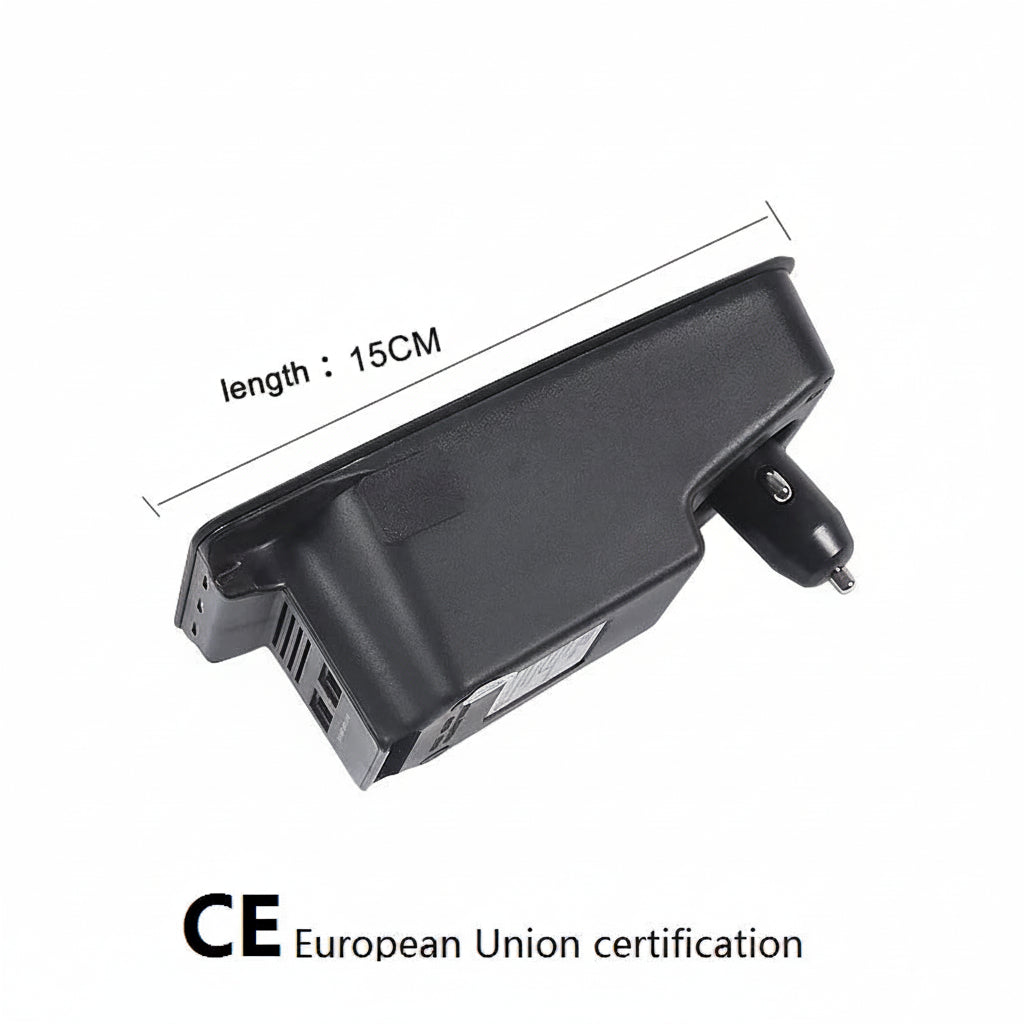 Black electronic device with dimensions and CE certification on a white background