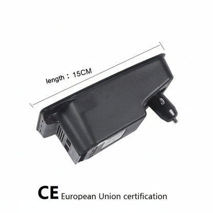 Black electronic device with dimensions and CE certification on a white background