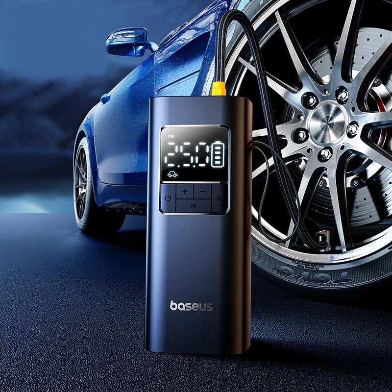 Comparison between Baseus New Car Air Pump and Old Car Air Pump on a dark background 0