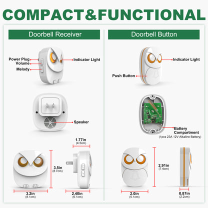 Owl Design Long-Distance Wireless Music Doorbell