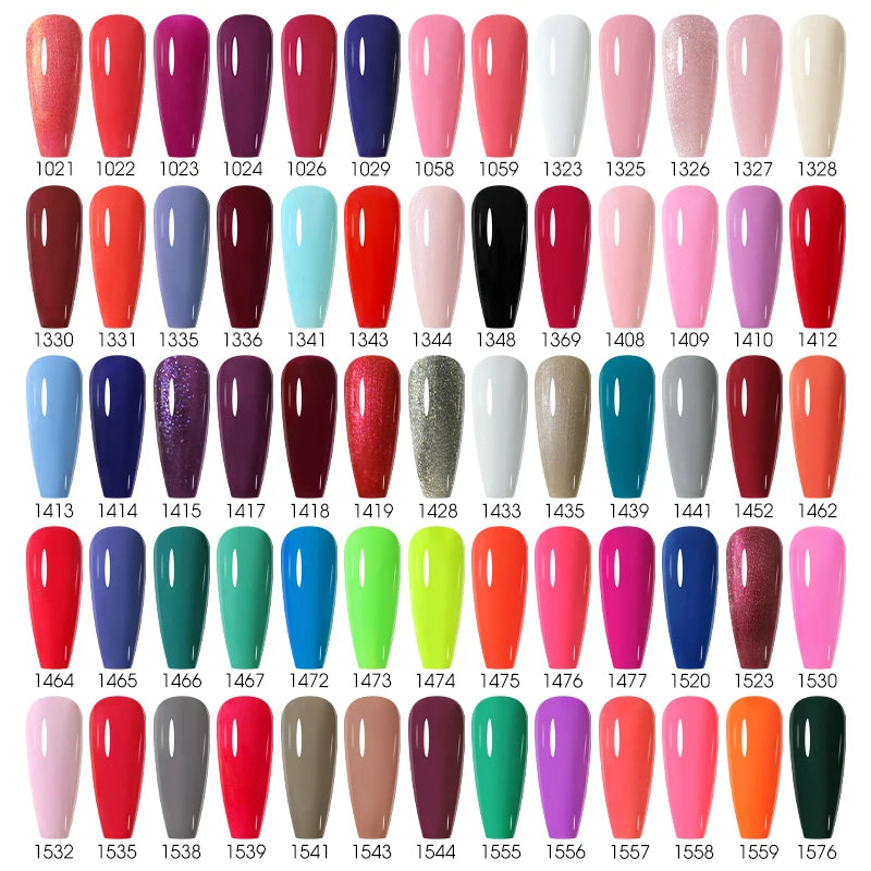 Nail polish color swatch chart with various colors arranged in rows.