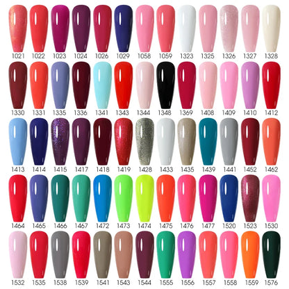 Nail polish color swatch chart with various colors arranged in rows.