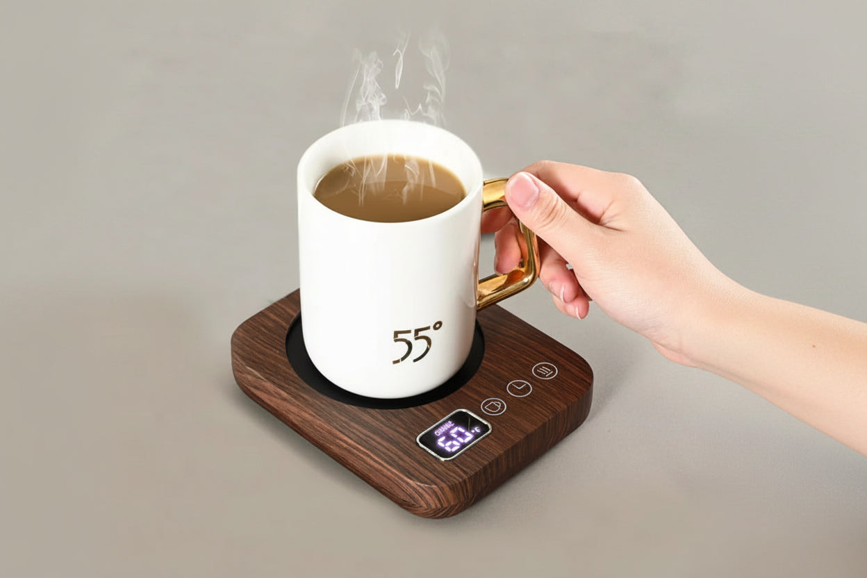 Hand holding a mug of steaming coffee on a wooden mug warmer with digital display, branded Luckima.
