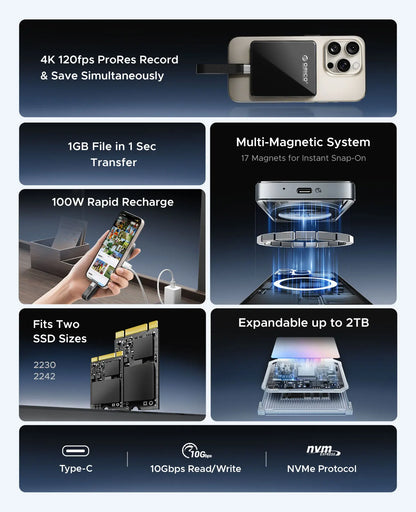 Product features including 4K recording, multi-magnetic system, rapid recharge, and expandable storage on a blue background.