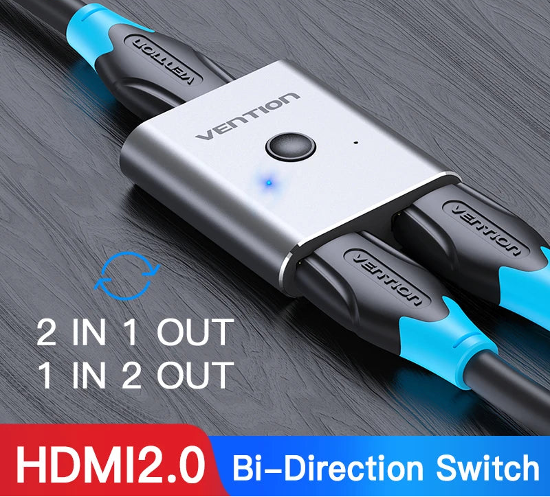 A Vention HDMI 2.0 bi-direction switch adapter with a silver metal body, black and blue plastic connectors, and blue LED indicator light, shown on a dark wood background with product text overlays.