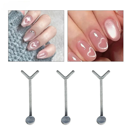 Collage of nail art with heart designs and Y-shaped earrings on a white background.