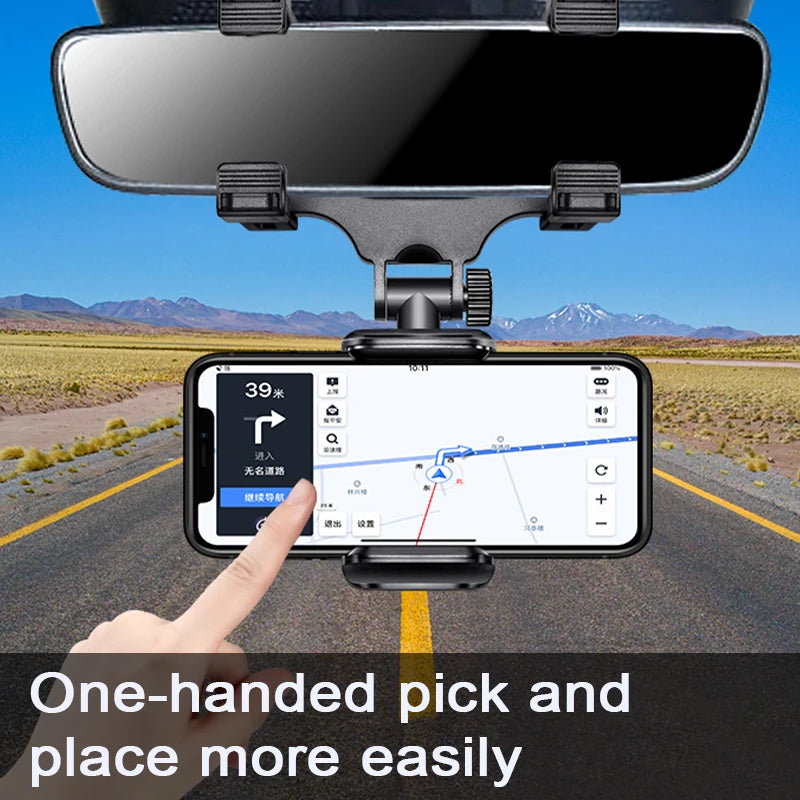 Car phone holder with smartphone displaying navigation app, desert road background