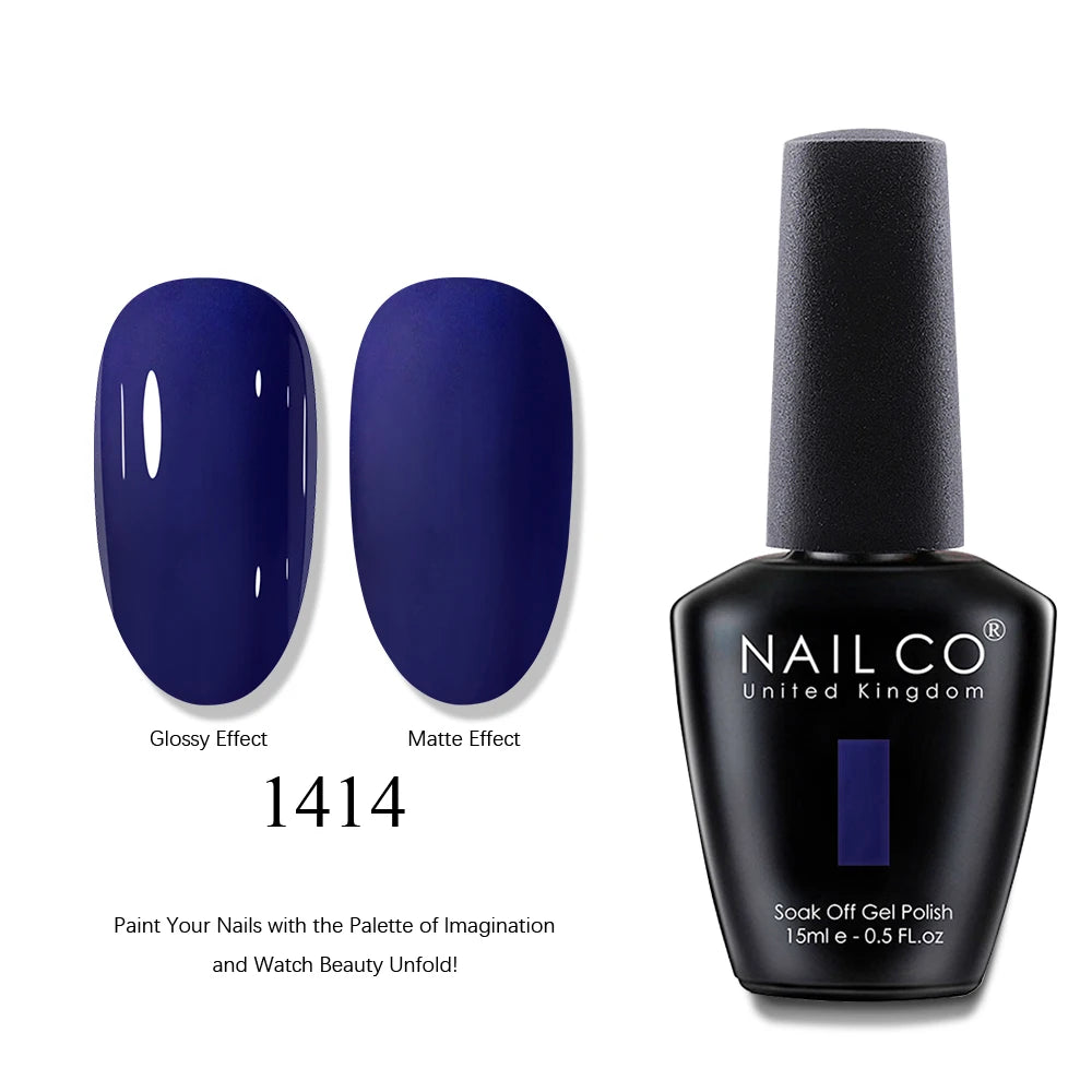 Nail polish bottle with blue nail samples showing glossy and matte effects, and 'NAIL CO' branding.