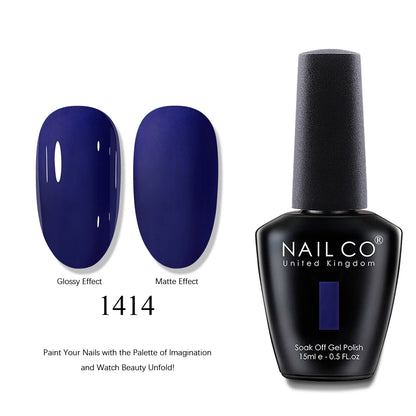 Nail polish bottle with blue nail samples showing glossy and matte effects, and 'NAIL CO' branding.
