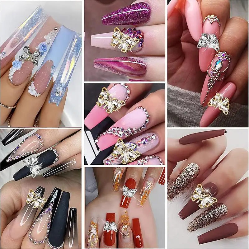 Collage of various nail designs with decorative elements on a neutral background