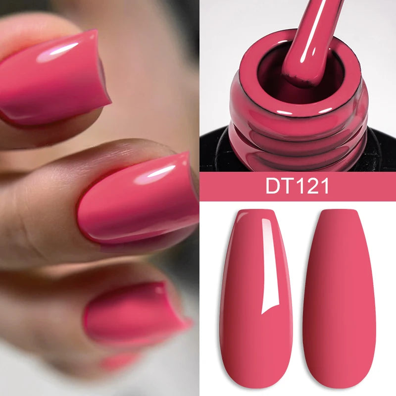 Collage of pink nail polish with nails, bottle, and swatch.