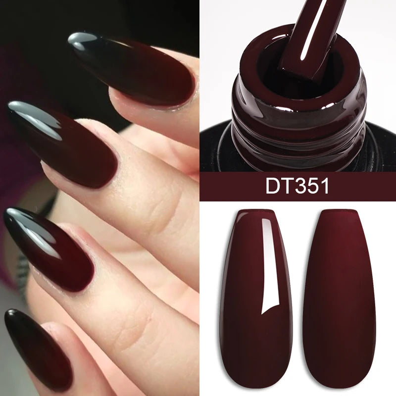 Nail polish with a dark brown color, shown on nails, bottle, and close-up.