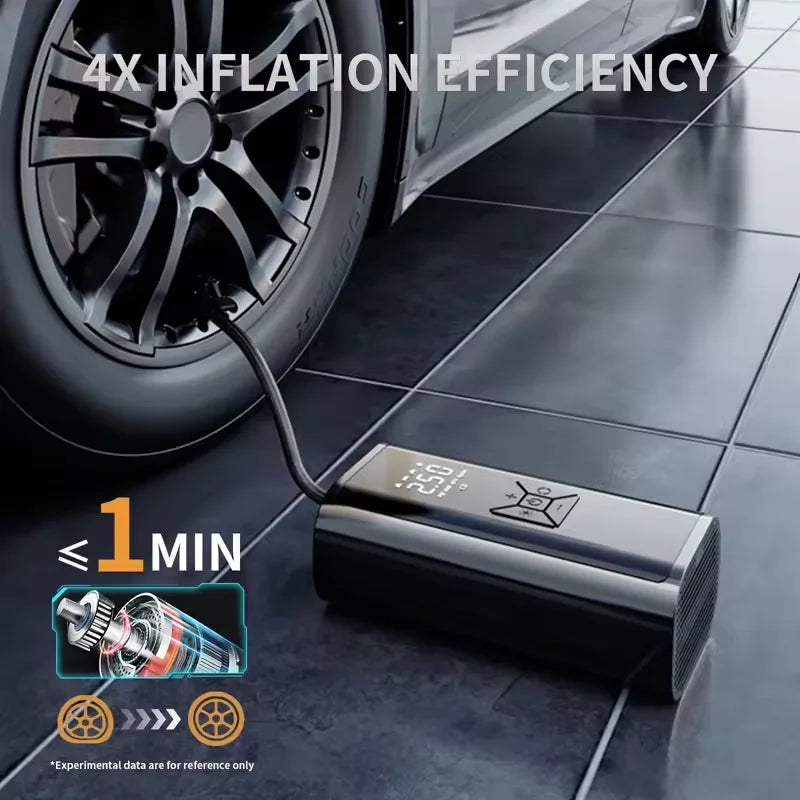 Car tire being inflated with a digital inflator on a tiled floor, emphasizing 4x inflation efficiency.
