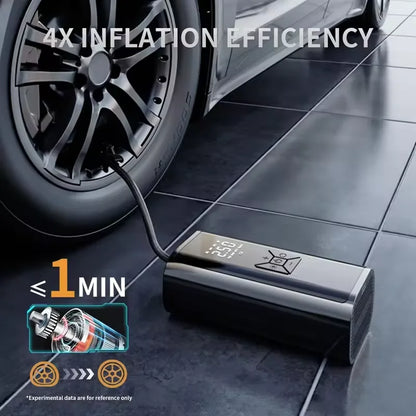 Car tire being inflated with a digital inflator on a tiled floor, emphasizing 4x inflation efficiency.