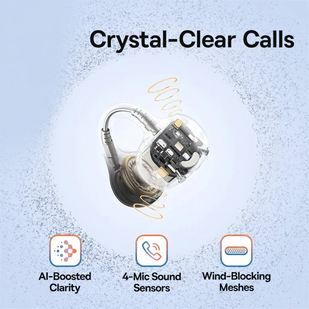 Baseus earbud with features highlighted on a light blue background
