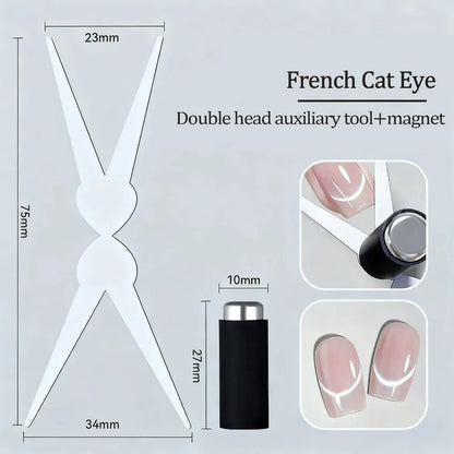 Nail art tool with measurements and images of nail designs on a light gray background