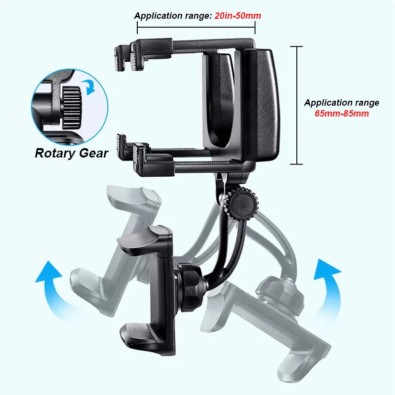 Gimbal stabilizer with adjustable arm and clamps on a white background