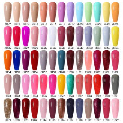 Nail polish color swatch chart with various shades of nail polish on a white background.